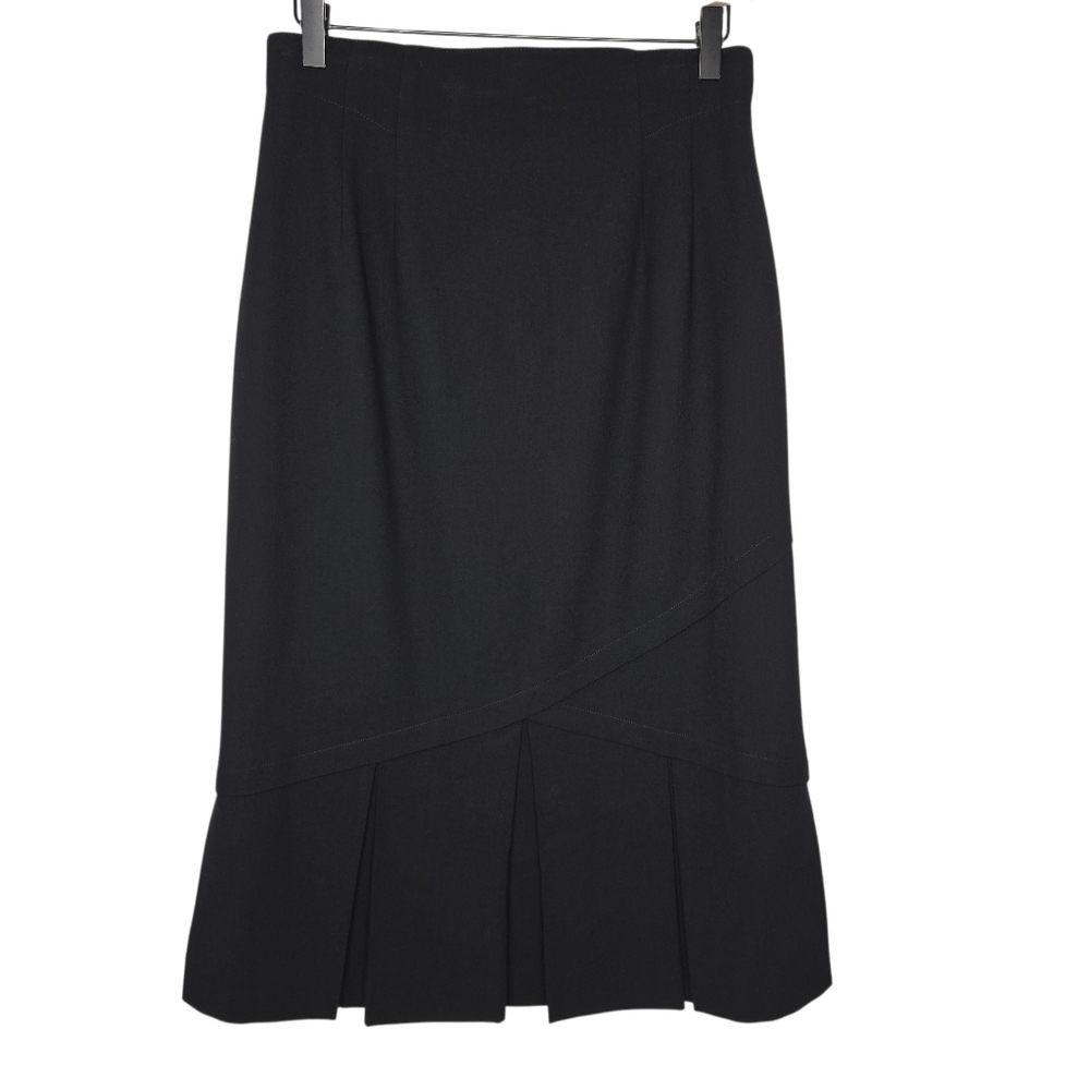 Louis Feraud Womens Black Wool Knee Length Pleated Flounce Skirt Size 10